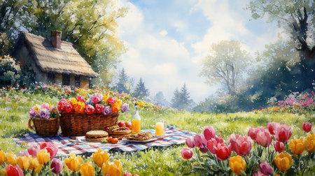 Vintage house with garden backgroundの素材