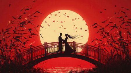 Couple with red sun backgroundの素材