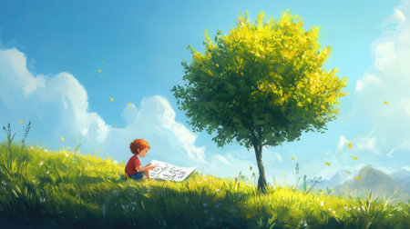 Green meadow with treesの素材