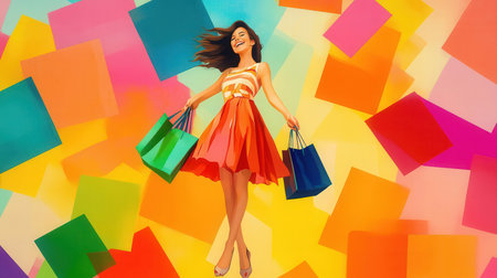 Colorful shopping scene with abstract backgroundの素材