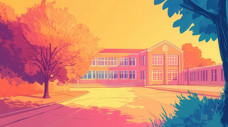 School building with autumn backgroundの素材