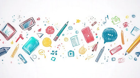 Colorful stationery pattern with various itemsの素材