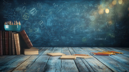 Blue wooden background with booksの素材