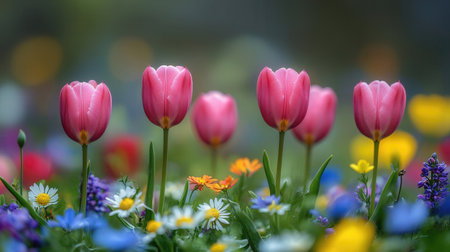 Pink tulips with various flowersの素材
