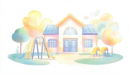 Cartoon school with playgroundの素材