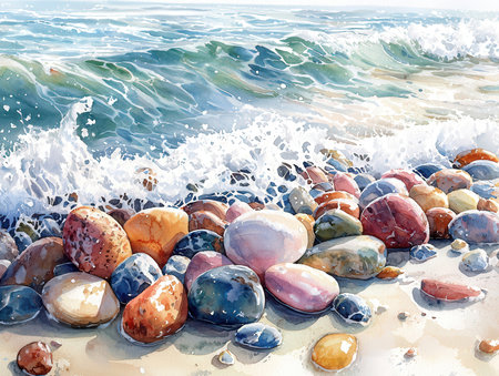 Colorful stones on the beach with waves. Watercolor illustration.の素材