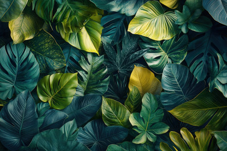 Tropical leaves background. Flat lay, top view, copy spaceの素材