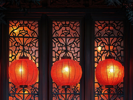 Chinese lanterns in the window of a Chinese temple in the eveningの素材