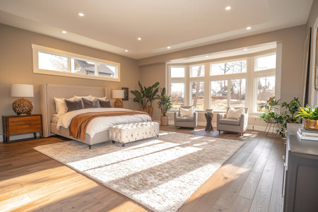 Luxury bedroom interior with wooden floor and white walls. Northwest, USAの素材
