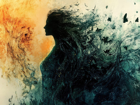 Silhouette of a woman in the water with butterflies on itの素材