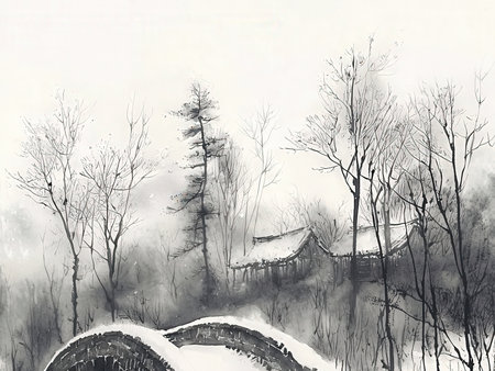 Winter landscape in south korea,Korean traditional style,watercolor paintingの素材