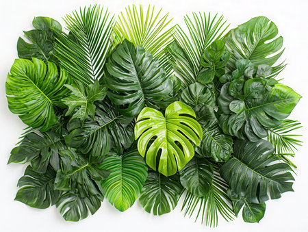 Tropical leaves on white background. Flat lay, top viewの素材