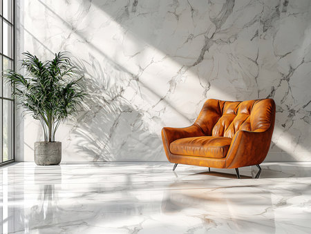 Interior of modern living room with white marble walls, tiled floor, comfortable orange armchair and potted plant. 3d renderingの素材