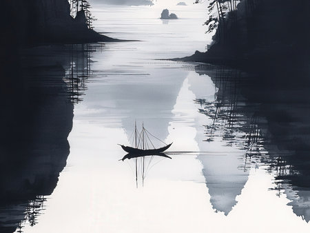 Silhouette of a fishing boat on the water with reflection.の素材