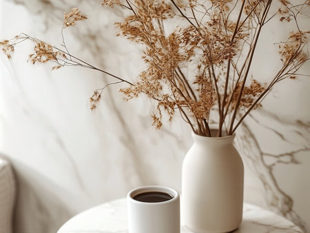 Cup of coffee and vase with dry flowers on table in roomの素材