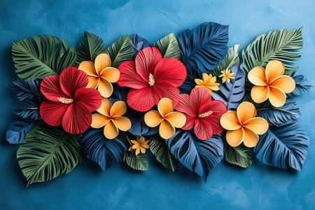 Tropical palm leaves and hibiscus flowers on color backgroundの素材