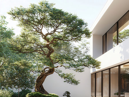 Bonsai tree in a modern office building. 3d renderingの素材