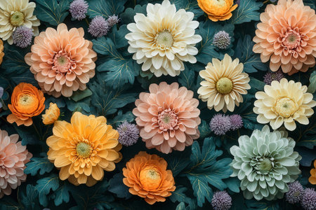 Top view of colorful chrysanthemum flowers in a rowの素材