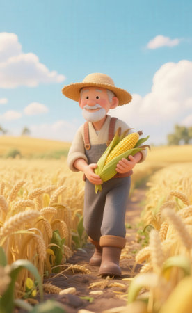 farmer with corn on the field, concept of agriculture and farmingの素材