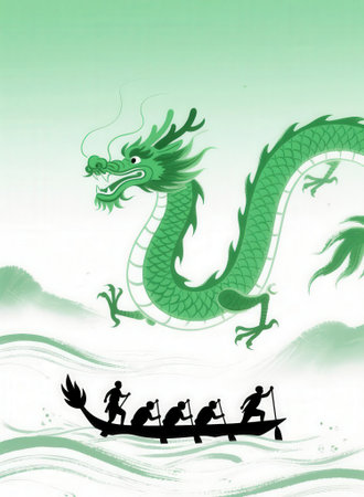 Dragon boat festival background with dragon and dragonfly, vector illustration.の素材