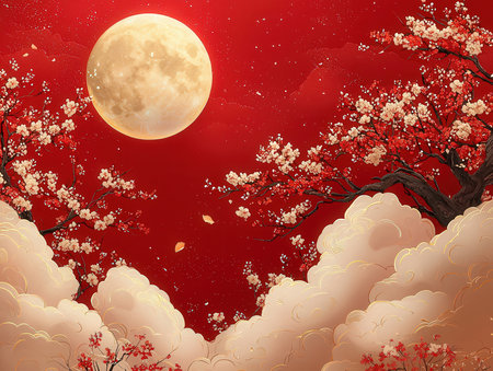 Chinese New Year background with cherry blossom and full moon, vector illustrationの素材