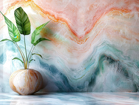 Foliage in a vase on the background of a colorful wallの素材