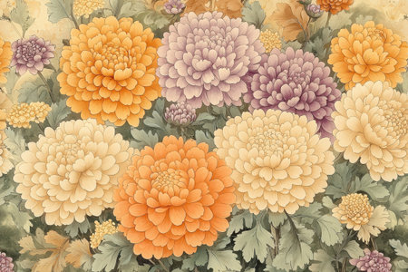 Vintage floral seamless pattern with chrysanthemum flowers.の素材