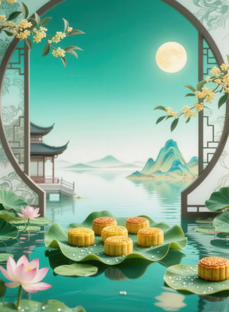 mooncake on the lotus leaf with mountain background,3d renderの素材