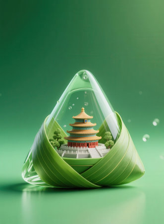 Pagoda in a glass of water with green tree inside.の素材