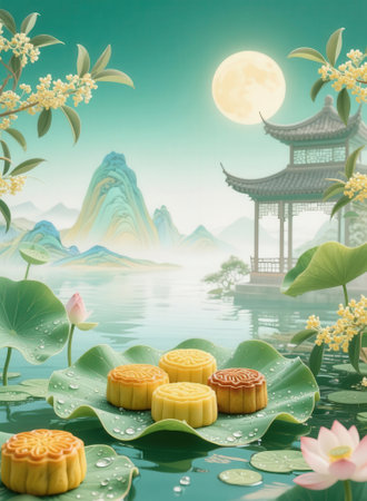 Mid-Autumn Festival moon cake and green leaf background, mooncakeの素材