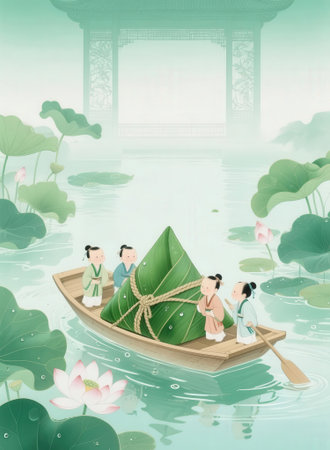 Traditional Chinese rice dumplings in a boat on the lake.の素材