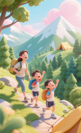 Happy family of mother and father and son with backpacks in the mountains.の素材