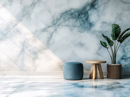 Interior of modern living room with marble walls, tiled floor, round wooden table and potted plant. 3d renderingの素材