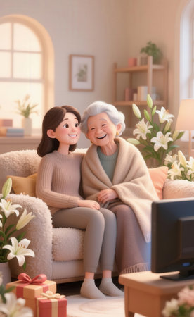 Grandmother and granddaughter sitting on sofa and looking at camera at homeの素材