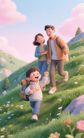 Happy family walking on a hill with a backpack and holding hands.の素材