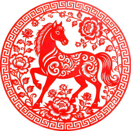 Chinese New Year's card with a horse on a white background.の素材