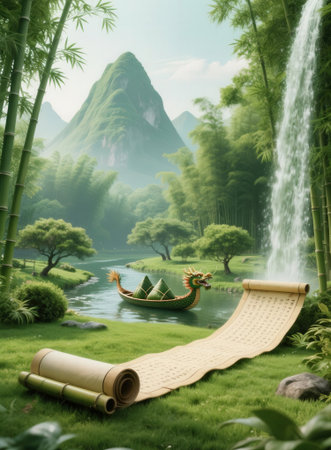 Chinese zongzi in bamboo raft with mountain background, 3d renderの素材