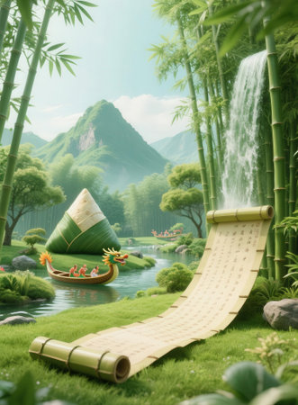 Rice dumplings and bamboo raft in the garden with mountain backgroundの素材