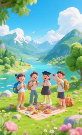 Happy boys and girls on picnic in the park, 3d renderの素材