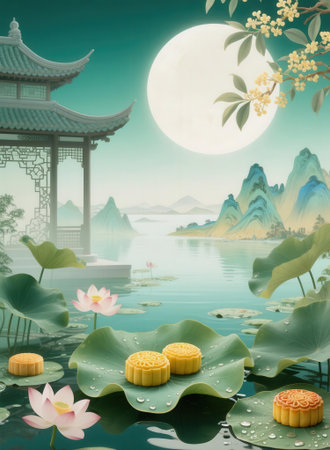 Chinese mooncake on the lake with full moon background, 3d renderingの素材