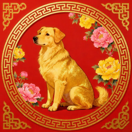 Golden retriever dog sitting on a red background with Chinese elements.の素材