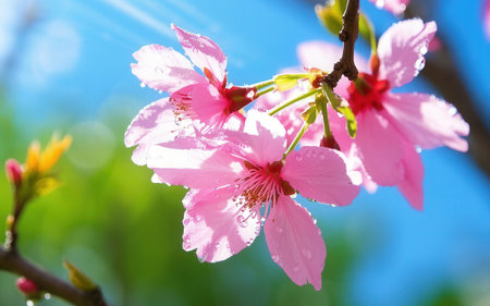 cherry blossom sakura flowers in spring season on blue sky backgroundの素材