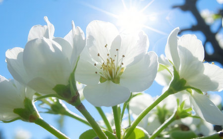 White flowers of apple tree in spring against the blue sky with sun raysの素材