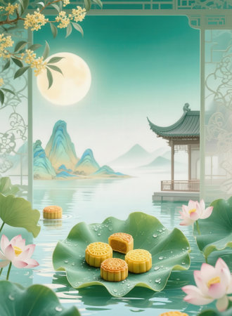 Mooncake and lotus flower on the lake with mountain background.の素材