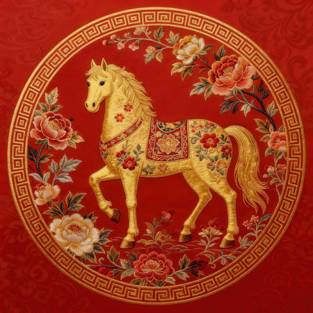 Horse with floral ornament on the red background. Chinese paper-cut works.の素材