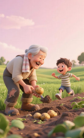 Grandmother and grandson planting potatoes in the field, happy family conceptの素材