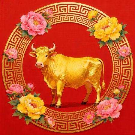 Chinese New Year Greeting card with golden bull and peoniesの素材