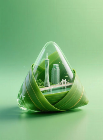 A green leaf with a city in the shape of a glass domeの素材
