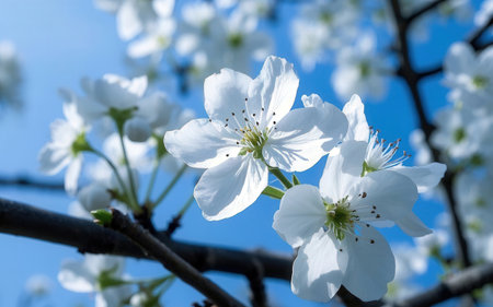 cherry blossom in spring, close up of white flowers on branchの素材