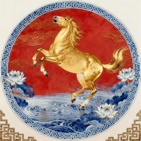 Horse in the blue circle on the background of the ancient Chinese patternの素材